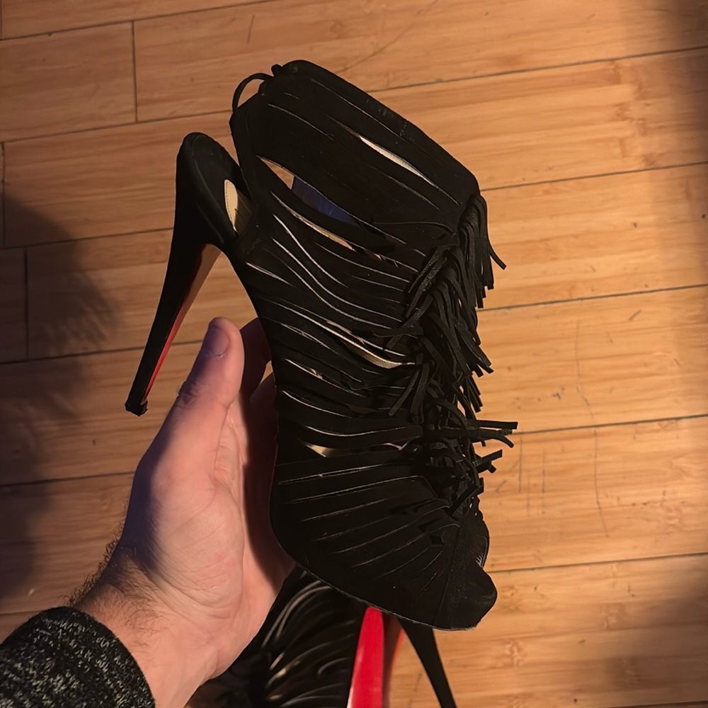 Suede fringe open toe heels